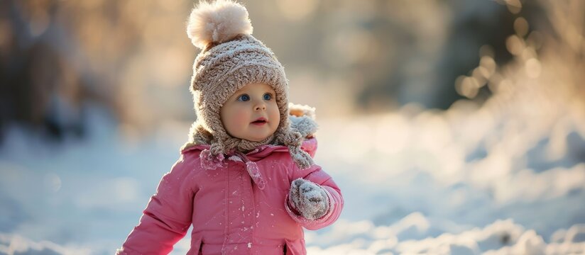 Adorable little baby girl making first steps outdoors in winter Cute toddler learning walking Child having fun on cold snow day Wearing warm baby pink clothes and hat with bobbles. Copy space image