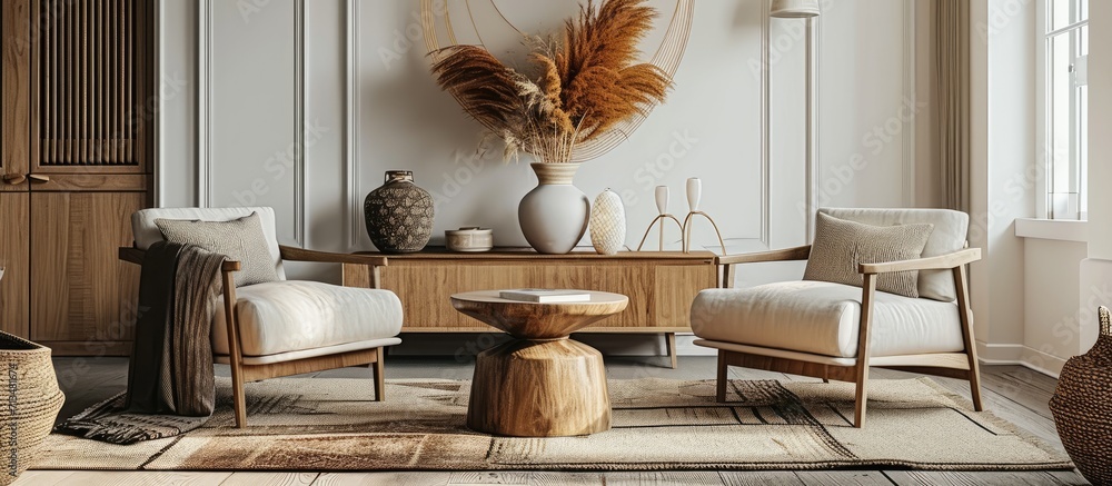 Poster A cozy living room interior featuring two matching end tables placed side by side on top of an area rug. Copy space image. Place for adding text or design