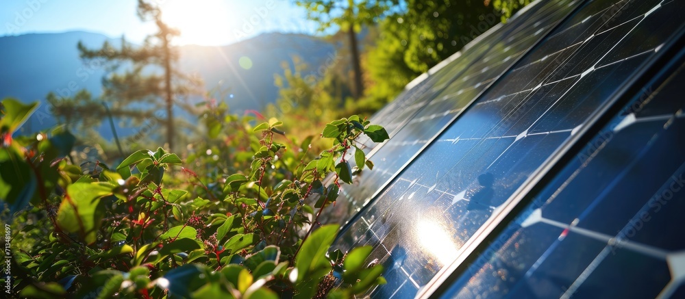 Poster A closeup of a lone solar panel on a roof. Copy space image. Place for adding text or design