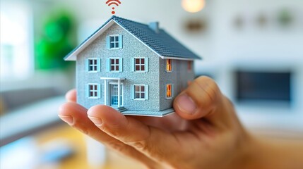 Hand holding model house with wireless symbol on top against blurred background