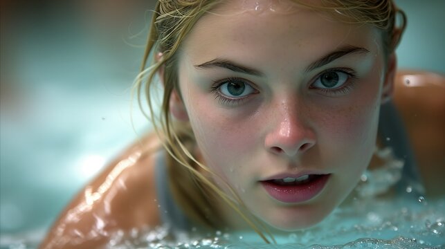 Youthful female swimmer resting at the poolside with a focused gaze