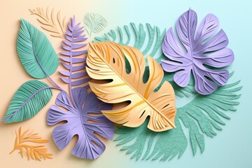  a paper cut of tropical leaves on a pastel background with green and purple leaves on the left side of the image.