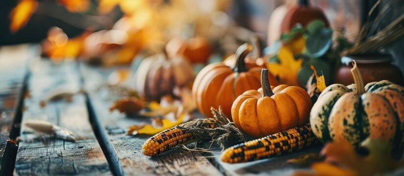 Autumn frame from pumpkins and corn on old wooden table Thanksgiving day concept. Copy space image. Place for adding text or design