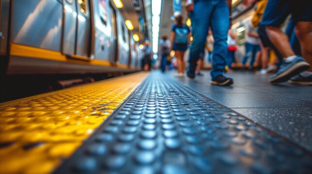 Busy subway platform with commuters and train in motion blur
