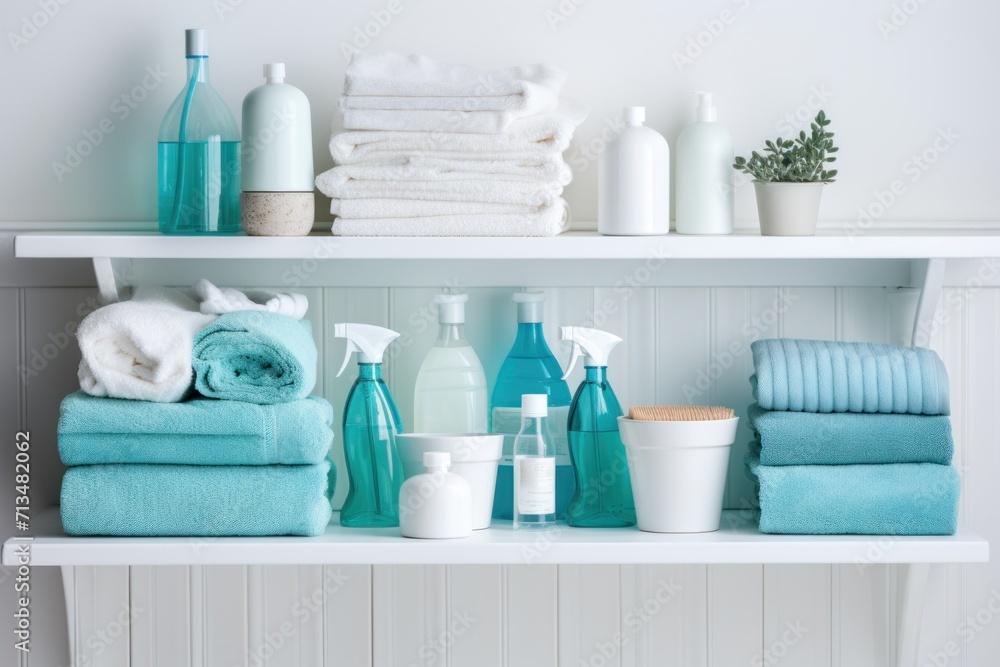 Poster a shelf filled with lots of different types of towels and hand soaps on top of a white shelf next to