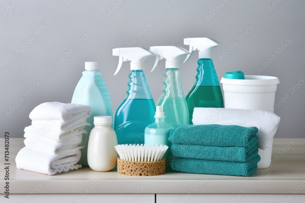 Poster a table topped with bottles of cleaner and a pile of towels next to a pile of folded towels and a pi