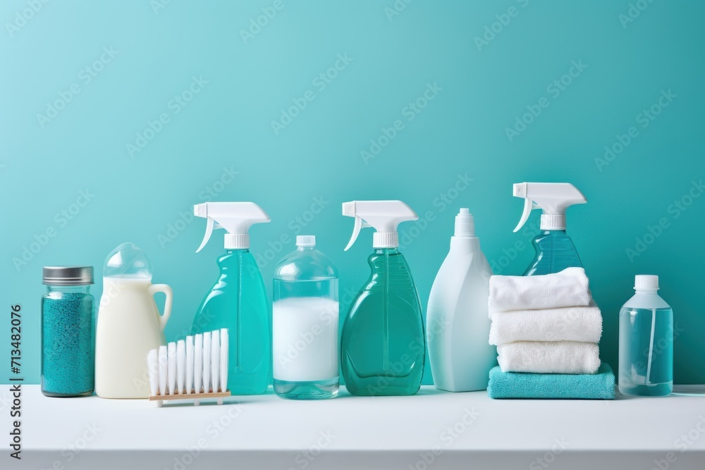 Poster a white shelf topped with lots of different types of bottles of cleaner and bottles of soap and toot