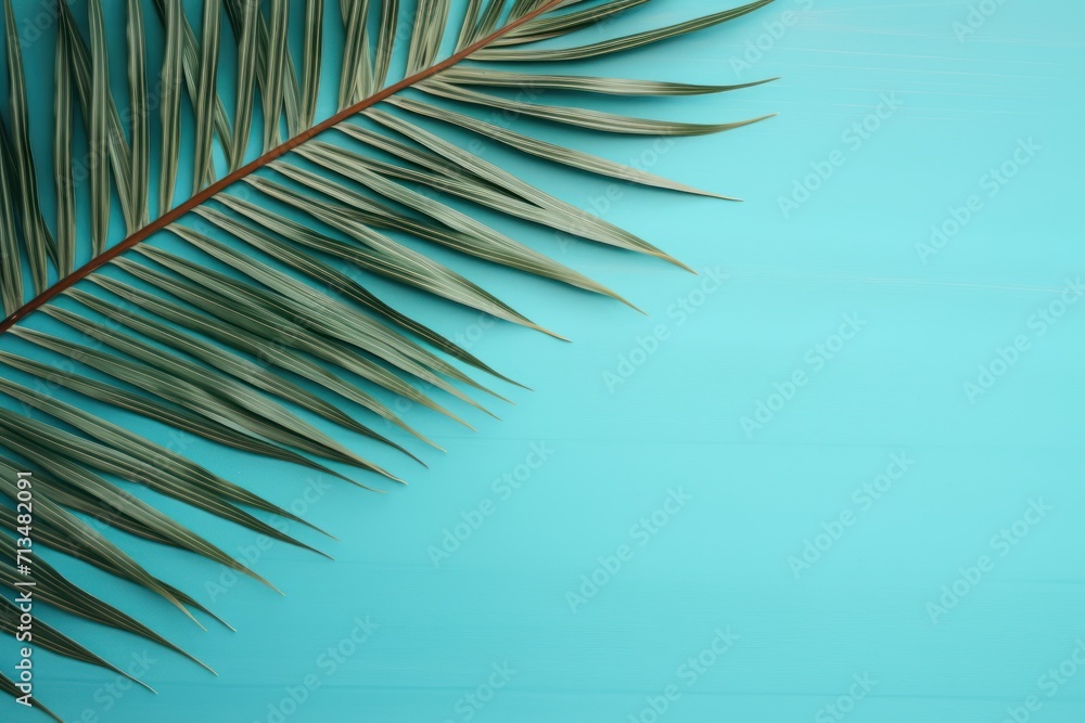 Poster a close up of a palm leaf on a blue background with a place for a text or an image to put on it.
