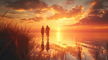 Obraz premium A couple taking a romantic, realistic sunset stroll, capturing the essence of shared moments