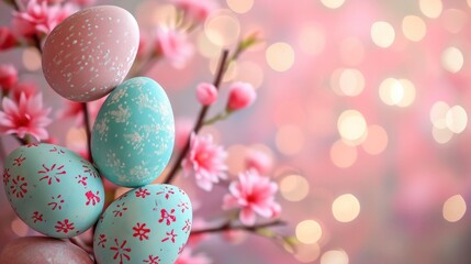 Stand displaying decorated Easter eggs,pastel bokeh background