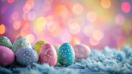 Stand displaying decorated Easter eggs,pastel bokeh background