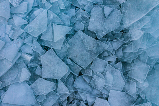 Aerial View About Piled Up Ice Floes On Lake Balaton At Fonyódliget, Hungary. Abstract Ice Formation Background.