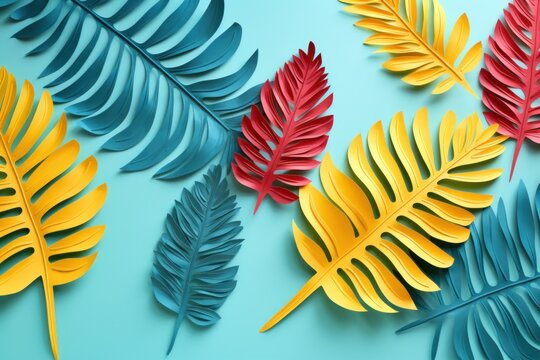  a group of colorful paper leaves on a blue background with a red, yellow, and green leaf in the middle.