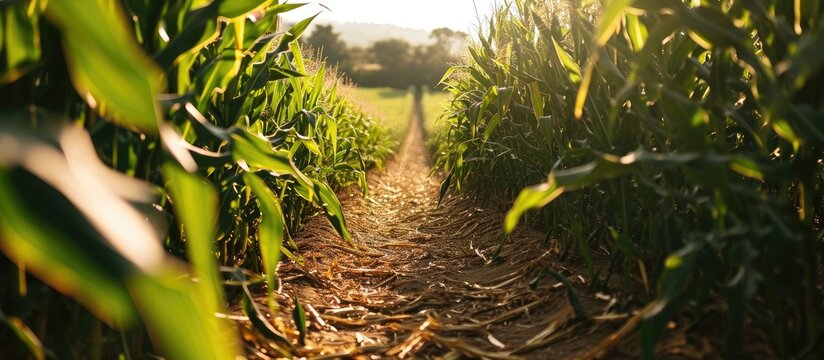 A corn maze or maize maze maze cut out of a corn field Narrow path inside a corn maze Footpath between stalks and leaves on the corn field Popular tourist attraction. Copy space image
