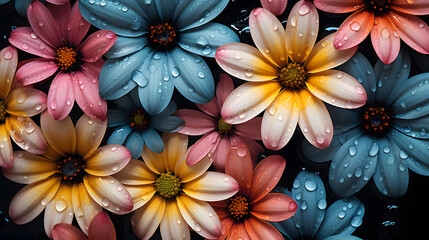Pink blue yellow and orange flowers with water drops on top