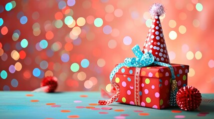A red birthday gift box with colorful polka dot pattern decoration and a birthday hat next to the gift box