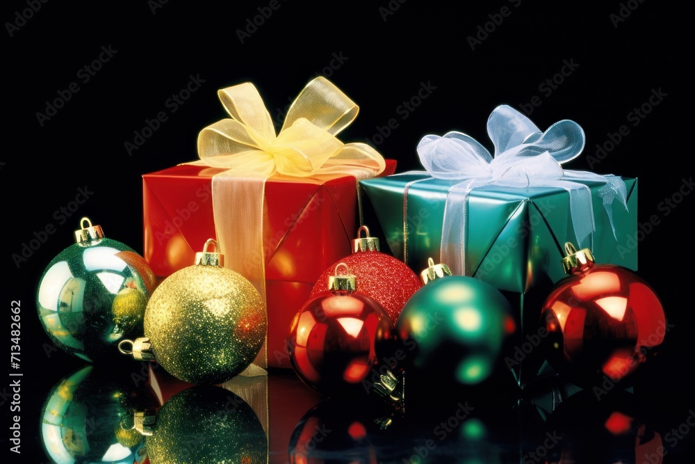Poster a group of christmas presents sitting next to each other with a bow on top of one of them and a box 