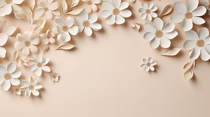 Romantic beige background with space for text or image beige paper flowers on the right