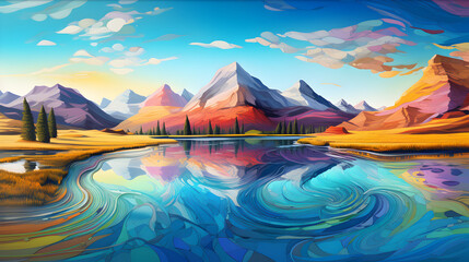 Fototapeta na wymiar Beautiful landscape with river and mountains at sunset, Mountain lake view sun rise scene cartoon background style art beautiful colors Pro Photo,, Beautiful landscape with mountains and lake at sunse