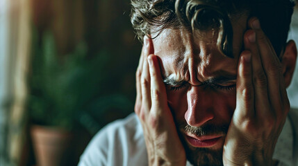 Depiction of a male experiencing a throbbing headache, with hands on temples