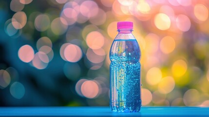 A water bottle, vibrant colors, dynamic lighting,pastel bokeh background