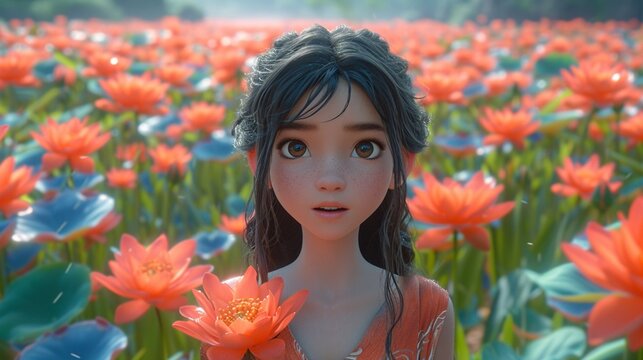illustration of a cute girl in a flower field , animated cartoon , comics 