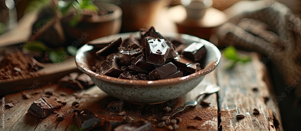 Poster baked cake in a ceramic form sprinkled with chocolate slices on a wooden table rural style still life. Copy space image. Place for adding text or design