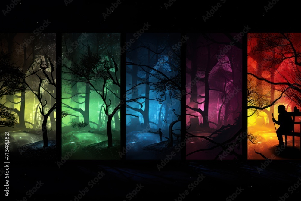 Poster a man sitting on a bench in front of a forest filled with trees and a rainbow colored sky in the bac