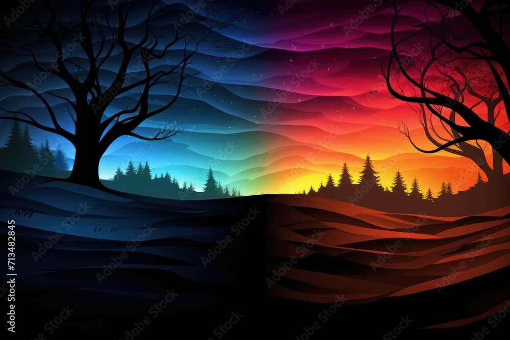 Poster a painting of a landscape with trees in the foreground and a sunset in the background with stars in 