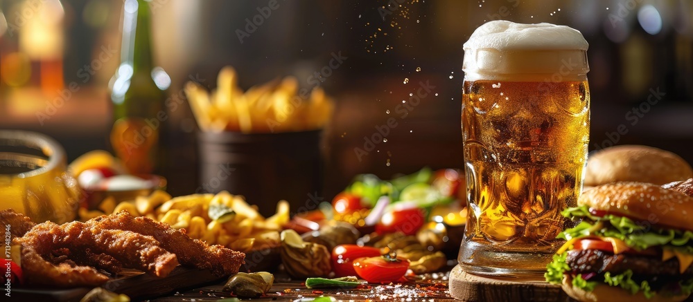 Poster beer toss over a top view of a table full of fast food including hamburgers potato chips club sandwi