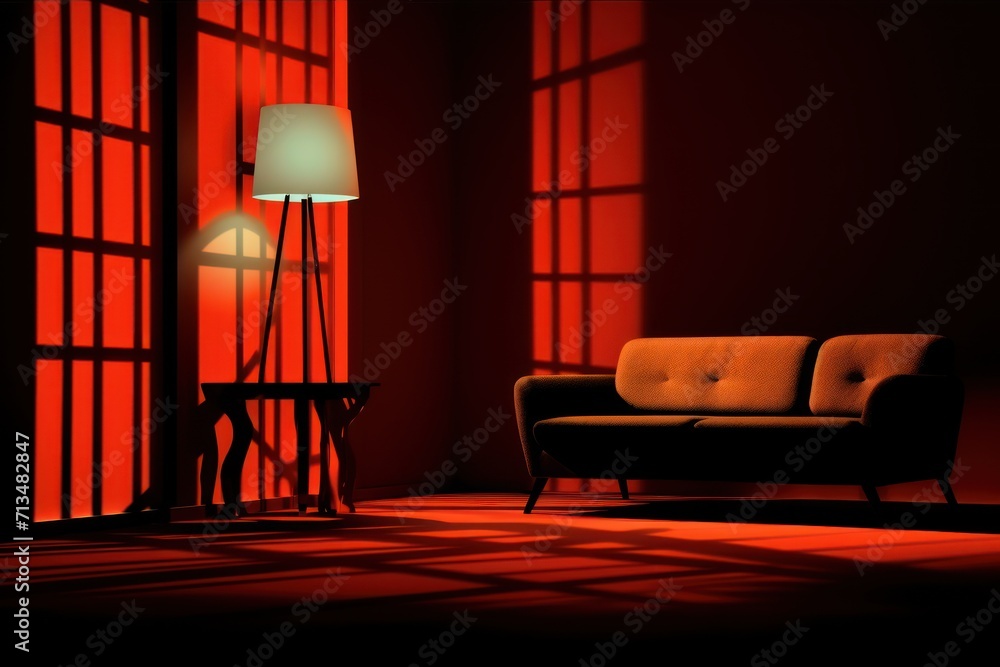 Poster a living room with a couch and a lamp in front of a window with red light coming through the windows