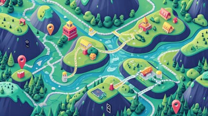 An isometric map with routes and markers,