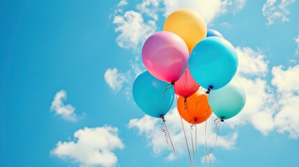 Multi colored balloons floating in a bright, sunny sky,