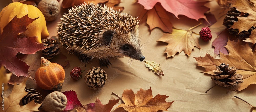 Aufkleber autumn craft paper hedgehog art project for kindergarten kids seasonal activity concept. copy space 
