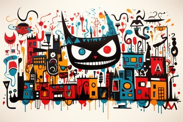  a painting of a black cat with a big smile on it's face in front of a cityscape.