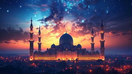 Illuminated mosque at twilight with starlit sky and cityscape - obrazy, fototapety, plakaty