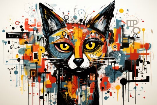  a painting of a cat's face with a lot of colorful circles and dots around the cat's face.
