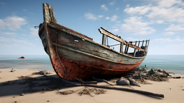 A boat on the beach has a blue and brown paint,,
Shipwreck on the seashore. 3d render illustration, Wreck of a fishing boat in the sea. 3d render