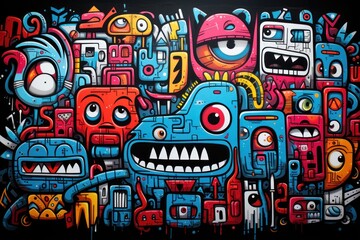 a painting of a group of monsters with big eyes and mouthy mouths in front of a background of smaller monsters.