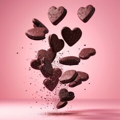 chocolate cookies in the shape of hearts flying against a pink background