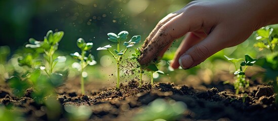a woman s hand sprinkles ash on a small radish sprout crop protection from midges and fertilizer for the crop ash for plants vertical photo. Copy space image. Place for adding text or design - obrazy, fototapety, plakaty