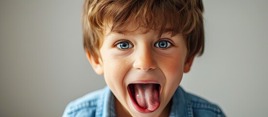 A six year old boy child is being funny and making a bratty face while sticking out his tongue. Copy space image. Place for adding text or design - obrazy, fototapety, plakaty