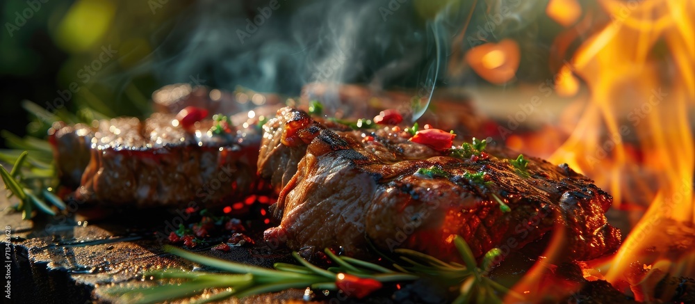 Aufkleber Beef steaks sizzling on the grill with flames. Copy space image. Place for adding text or design