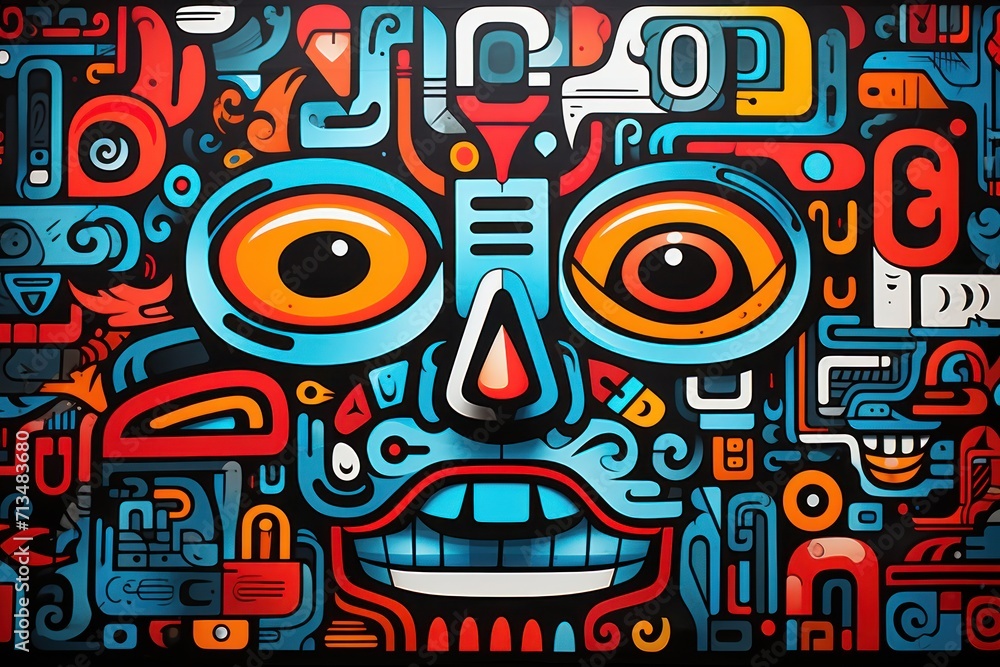 Poster a painting of a face made up of many different types of shapes and sizes on a black background with 