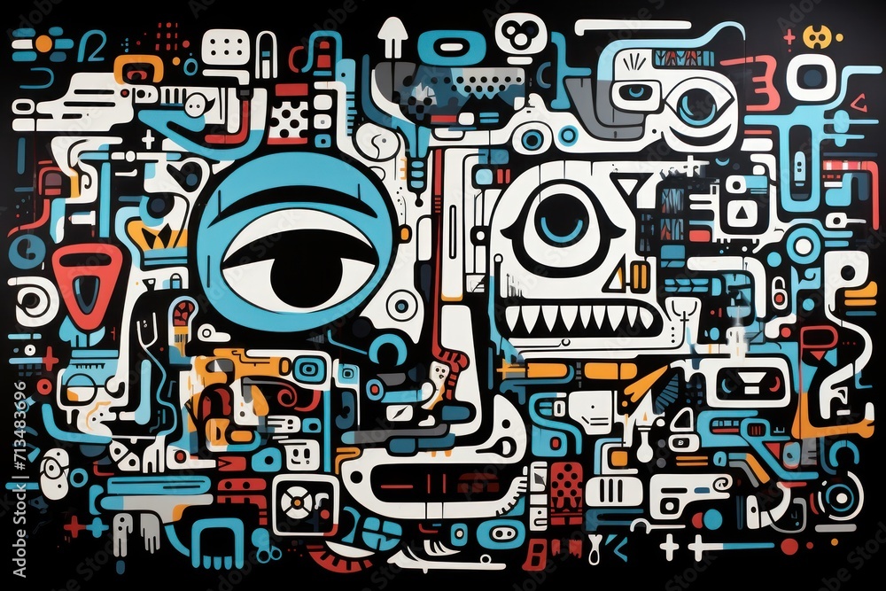 Poster a painting of a man's face surrounded by many different types of objects and shapes on a black backg