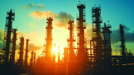 Fototapeta na wymiar Sunset silhouettes of industrial oil refinery towers against vibrant skies