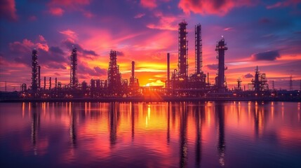 Fototapeta premium Industrial landscape at sunset with refinery silhouettes and colorful sky
