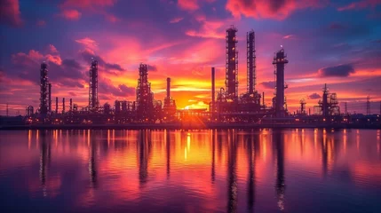 Raamstickers Industrial landscape at sunset with refinery silhouettes and colorful sky © OKAN