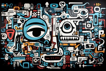  a painting of a man's face surrounded by many different types of objects and shapes on a black background.