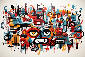  a painting of a face made up of different types of shapes and sizes of things that are painted on a white wall.